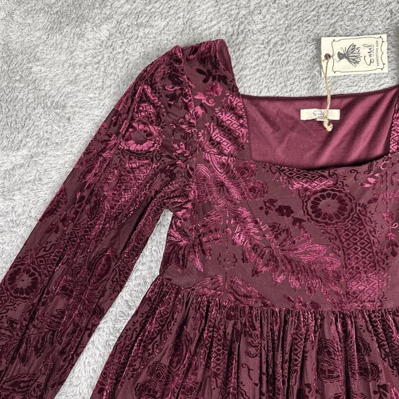 Easel Women's Witchy Romantic Velvet Burnout Empire Dress S Maroon Dark - Picture 12 of 16